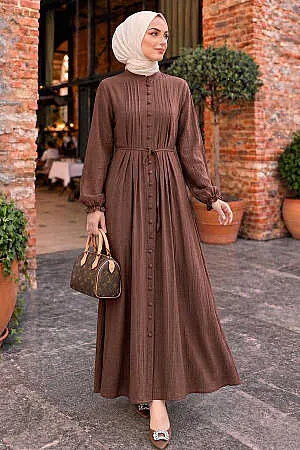 Pleat Detailed Brown Modest Dress 10320KH 