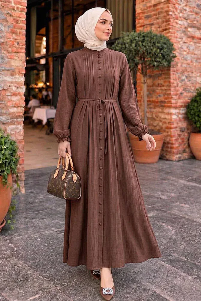 Pleat Detailed Brown Modest Dress 10320KH - 1