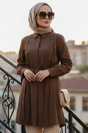 Pleat Detailed Brown Modest Tunic 20273KH 