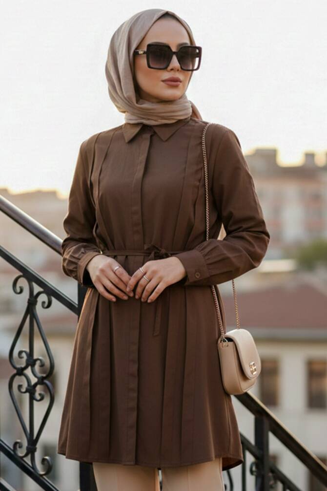 Pleat Detailed Brown Modest Tunic 20273KH - 1
