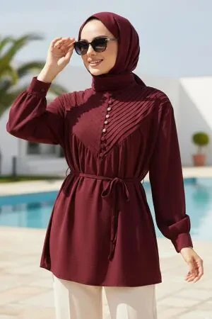 Pleat Detailed Burgundy Modest Tunic 19302BR 