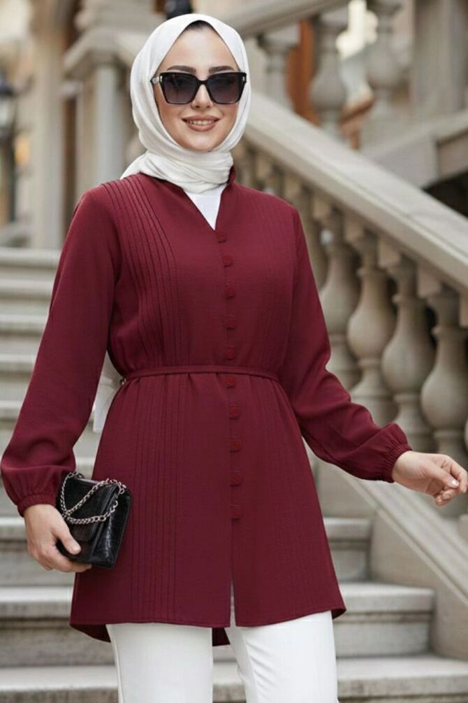 Pleat Detailed Burgundy Modest Tunic 20299BR - 1