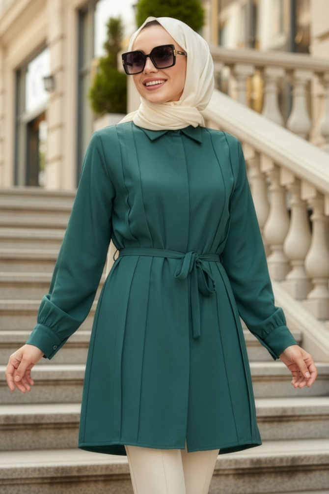 Pleat Detailed Emerald Green Modest Tunic 20273ZY - 1