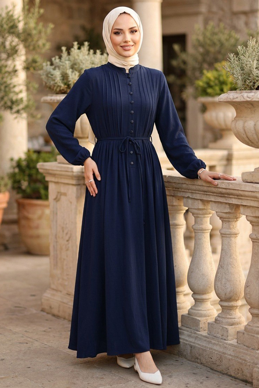 Pleat Detailed Navy Blue Modest Dress 10320L