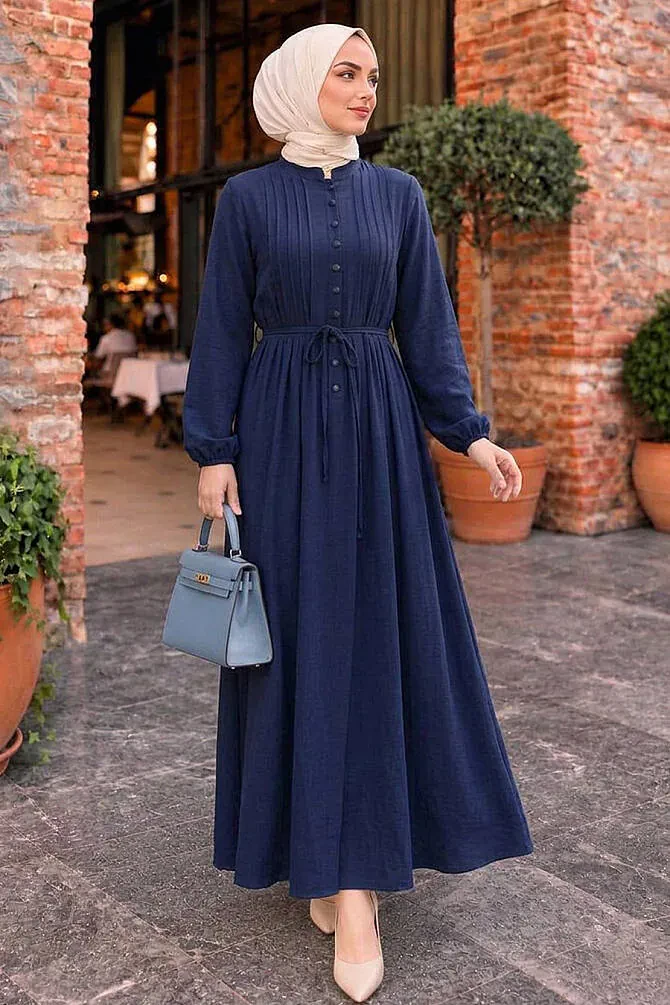 Pleat Detailed Navy Blue Modest Dress 10320L - 1