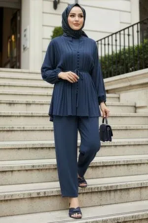 Pleat Detailed Navy Blue Modest Two-Piece Set 19031L - 1