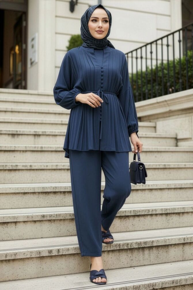 Pleat Detailed Navy Blue Modest Two-Piece Set 19031L - 1