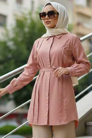 Pleat Detailed Powder Pink Modest Tunic 20273PD - N.S NEVA STYLE