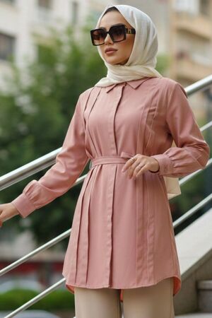 Pleat Detailed Powder Pink Modest Tunic 20273PD 