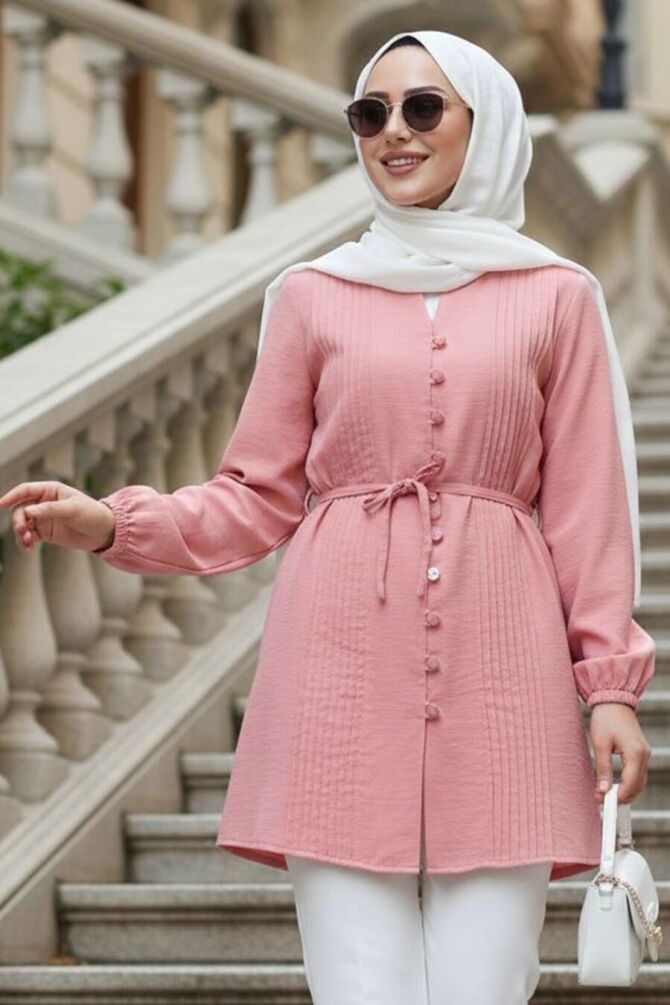 Pleat Detailed Powder Pink Modest Tunic 20299PD - 1