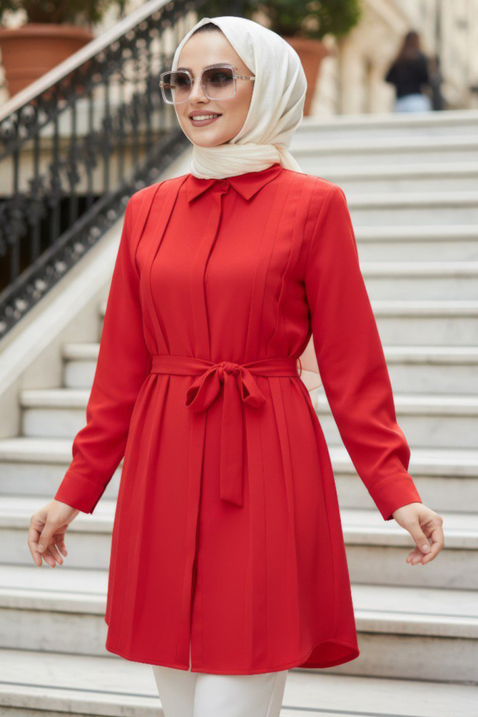 Pleat Detailed Red Modest Tunic 20273K - 1