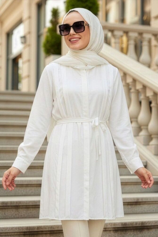 Pleat Detailed White Modest Tunic 20273B - 1