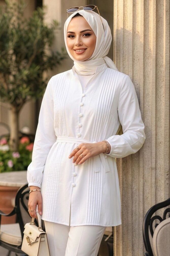 Pleat Detailed White Modest Tunic 20299B - 1