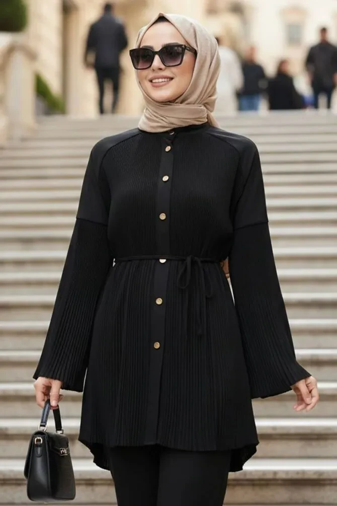 Pleated Black Modest Tunic 19301S - 1