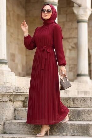Pleated Burgundy Modest Dress 30301BR 