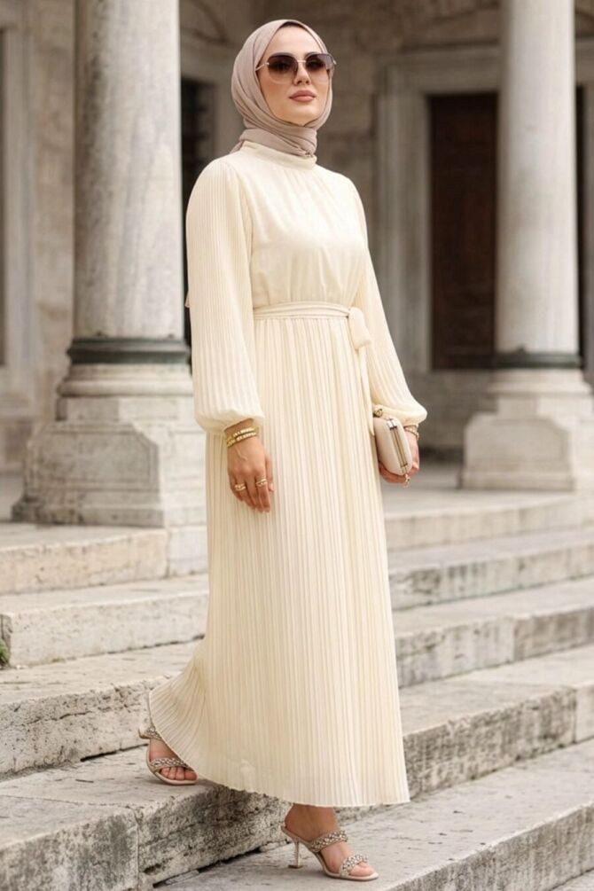 Pleated Ecru Modest Dress 30301E - 1