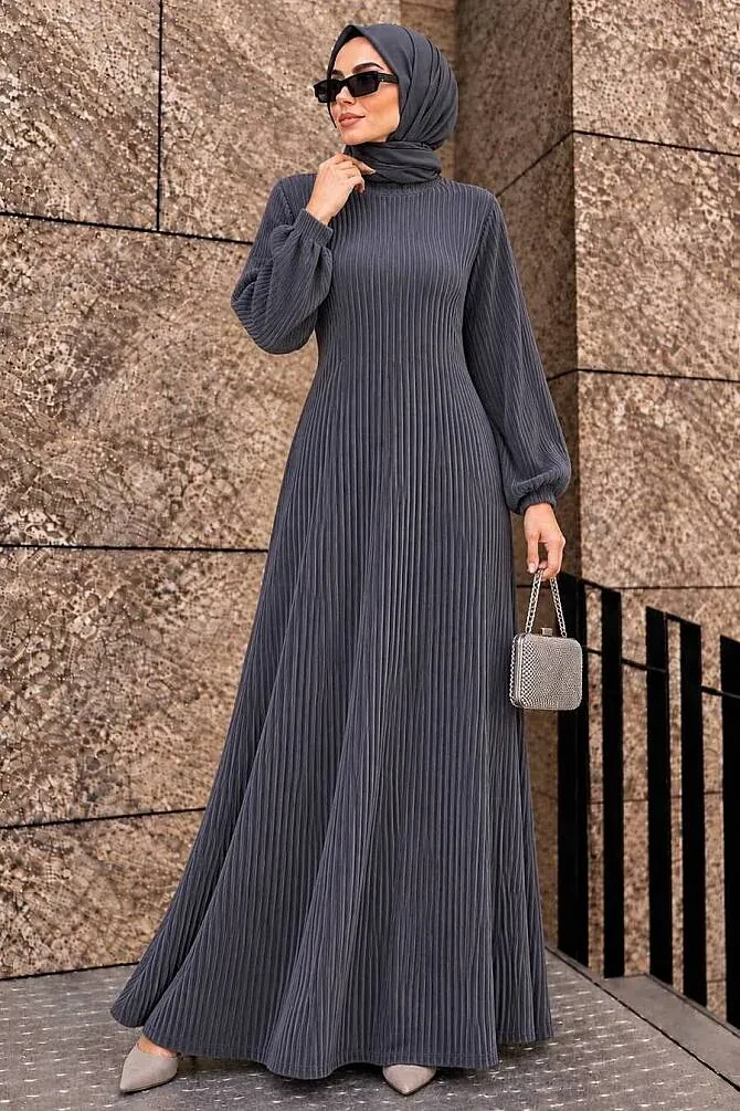 Pleated Gray Velvet Modest Dress 17120GR - 1