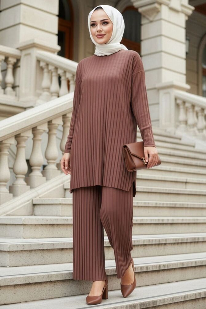 Pleated Koyu Mink Modest Two-Piece Set 12107KV - 1