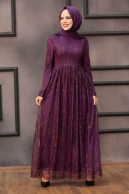 Plum Color Hijab Evening Dress 2083MU - Thumbnail