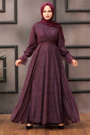 Neva Style - Plus Size Plum Color Hijab Engagement Dress 22202MU - Thumbnail