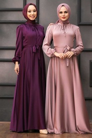Plum Color Hijab Evening Dress 25130MU - Thumbnail