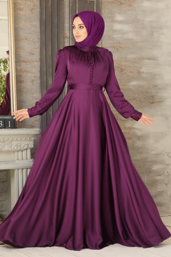 Plum Color Hijab Evening Dress 25391MU - 1