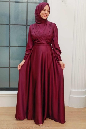 Neva Style - Satin Plum Color Islamic Engagement Gown 3367MU - 1