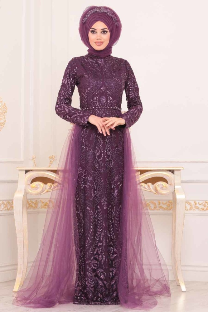 Plum Color Hijab Evening Dress 39370MU - 1