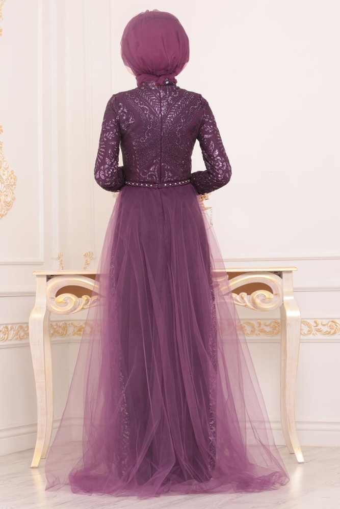 Plum Color Hijab Evening Dress 39370MU - 2