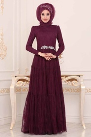 Plum Color Hijab Evening Dress 39560MU - Thumbnail