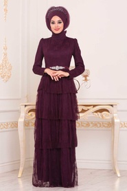 Plum Color Hijab Evening Dress 39680MU - Thumbnail