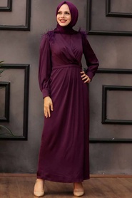 Plum Color Hijab Evening Dress 4199MU - Thumbnail