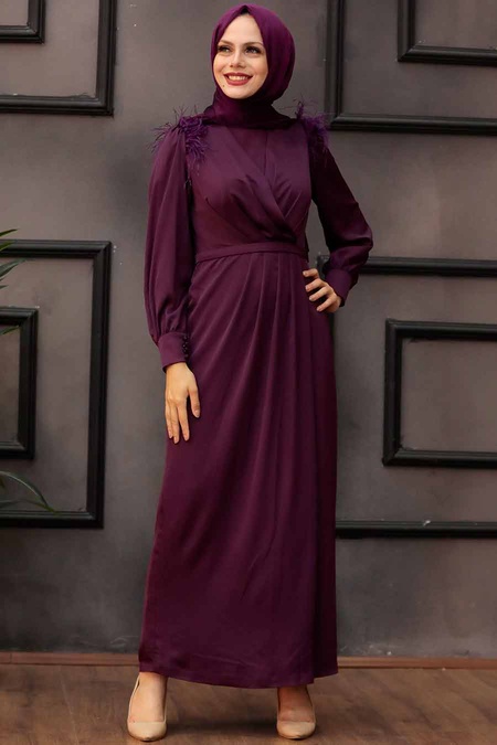 Plum Color Hijab Evening Dress 4199MU - 2