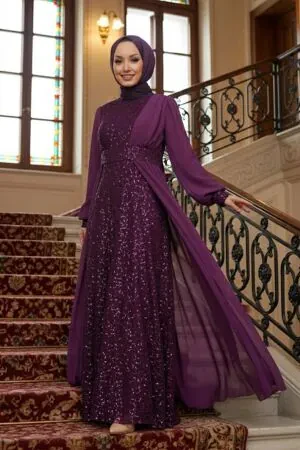 Neva Style - Plus Size Plum Color Muslim Evening Gown 5408MU 