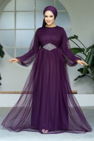 Neva Style - Stylish Plum Color Modest Evening Gown 54230MU - Thumbnail