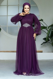 Neva Style - Stylish Plum Color Modest Evening Gown 54230MU - Thumbnail