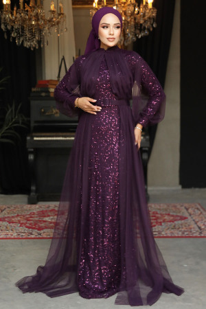 Neva Style - Plum Color Turkish Hijab Prom Dress 5441MU - 1