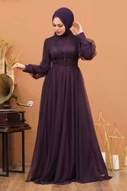 Neva Style - Plus Size Plum Color Islamic Wedding Gown 5478MU - Thumbnail