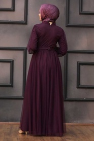 Neva Style - Modern Plum Color Islamic Clothing Evening Gown 5514MU - Thumbnail