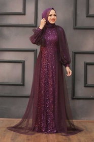 Neva Style - Stylish Plum Color Islamic Prom Dress 55190MU - Thumbnail