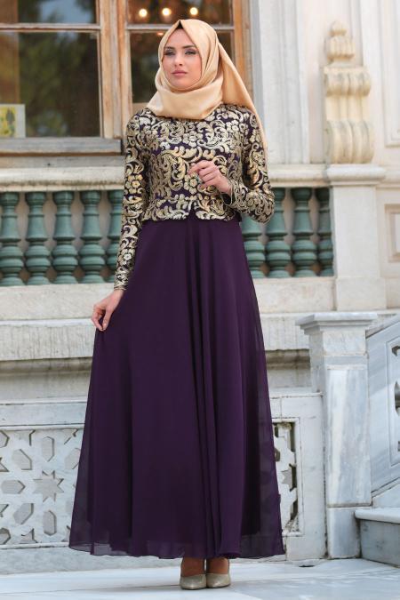 Plum Color Hijab Evening Dress 7712MU