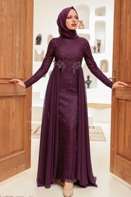 Neva Style - Stylish Plum Color Hijab Wedding Gown 9105MU - Thumbnail