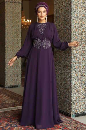 Neva Style - Elegant Plum Color Islamic Wedding Dress 9118MU - 1
