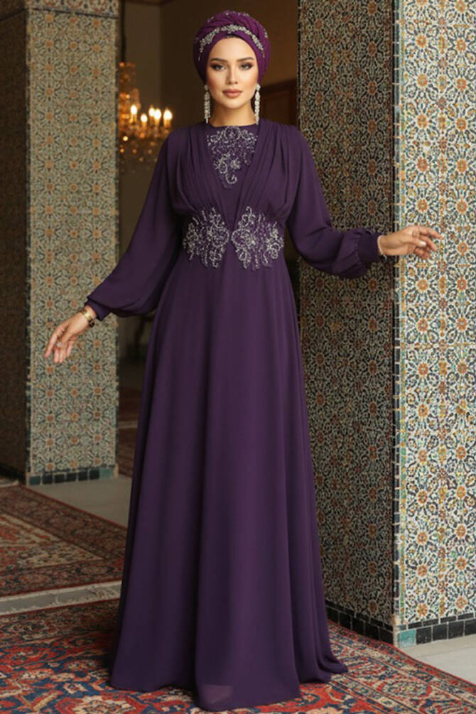 Neva Style - Elegant Plum Color Islamic Wedding Dress 9118MU - 1