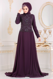 Plum Color Hijab Evening Dress 18810MU - Thumbnail
