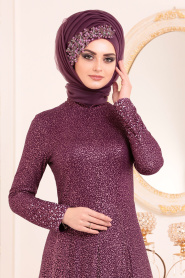 Plum Color Hijab Evening Dress 2081MU - Thumbnail