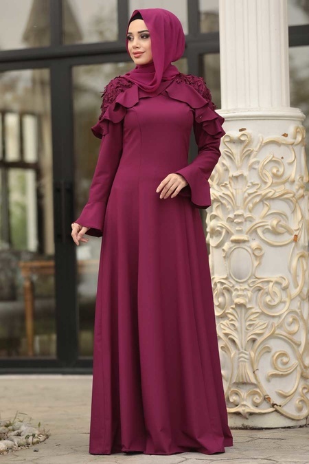 Plum Color Hijab Evening Dress 3633MU