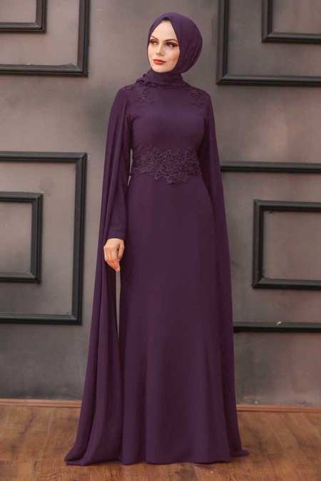 Plum Color Hijab Evening Dress 3803MU