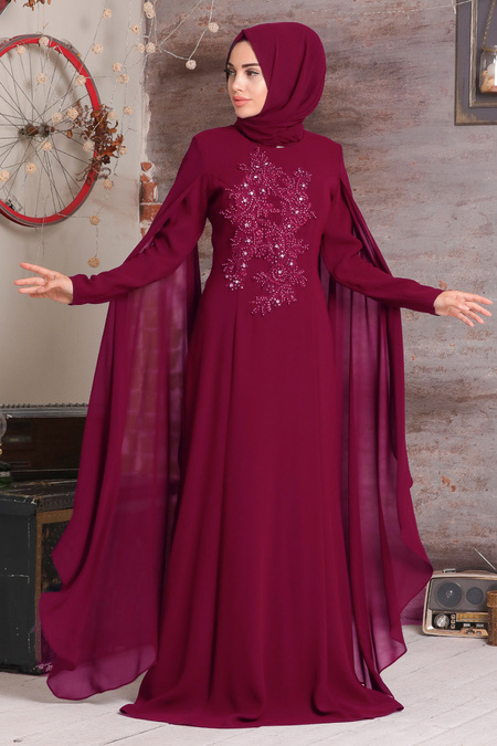 Plum Color Hijab Evening Dress 38380MU