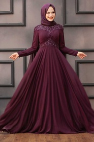 Plum Color Hijab Evening Dress 4692MU - Thumbnail